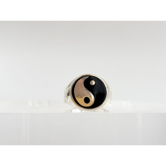Yin Yang Chunky Signet Flat Top Statement 925 Sterling Silver Vintage Ring - Picture 2 of 12